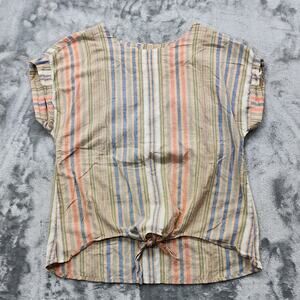 Cruel Denim Top‎ Womens L Tan Blue Striped Cap Sleeve Tie Front Cotton Casual